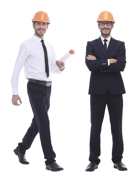 En pleno crecimiento .smiling arquitecto en casco naranja. — Foto de Stock