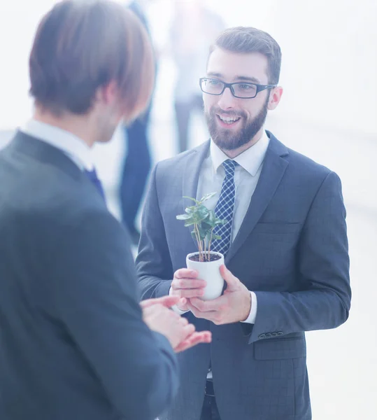 Joven empresario exitoso con brote joven — Foto de Stock