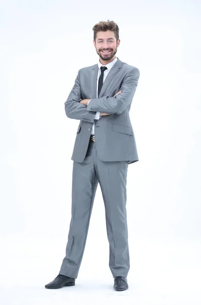 Αυτοπεποίθηση επιτυχημένος επιχειρηματίας σε γκρι κοστούμι σε λευκό backgroun — Φωτογραφία Αρχείου