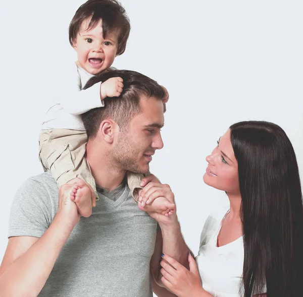 Šťastná rodina na bílém pozadí. Matka, otec a syn — Stock fotografie