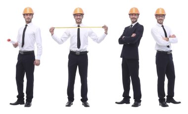 Tam gelişim içinde. Becerikli mühendis mimar beyaza izole edilmiş.