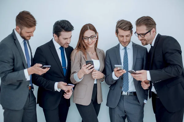 group of business people reading SMS