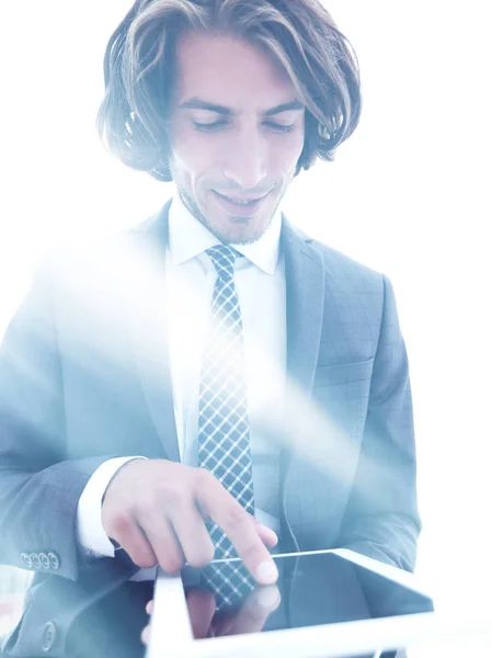 Stylized photo businessman working on tablet computer. — Stock Photo, Image