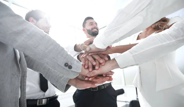 Close-up. jonge werknemers een stapel uit hun hand zetten — Stockfoto