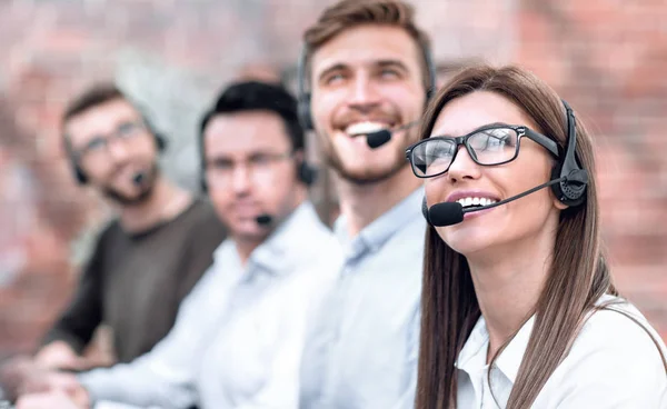 Close up.group happy call center operators. — Stock Photo, Image