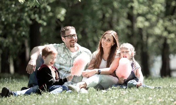 Gelukkige familie rust op het gazon in de stad Park. — Stockfoto