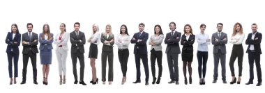 Büyük bir iş ekibinin birlikte durduğu panoramik fotoğraf.