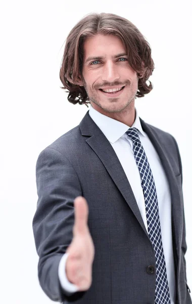Businessman offering handshake to you on white background — Stock Photo, Image