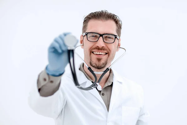 Medico specialista, mostrandolo con uno stetoscopio — Foto Stock