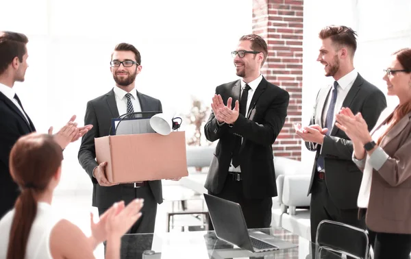 Business group welcomes the new employee with applause — Stock Photo, Image