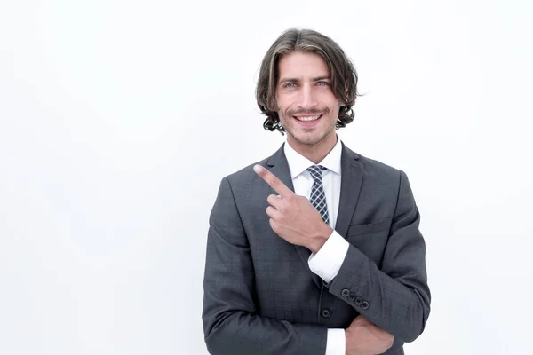 Bonito homem de negócios mostrando dedo apontar para cima — Fotografia de Stock