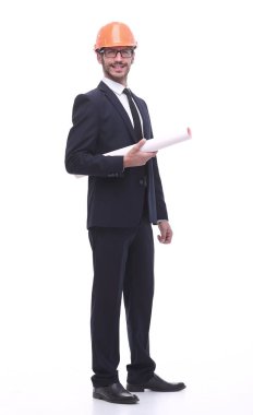 tam büyüme. Yeni bir proje için çizimler ile işadamı.