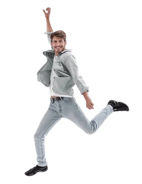 Mutlu adam havada beyaz arka plan üzerinde atlama — Stok fotoğraf