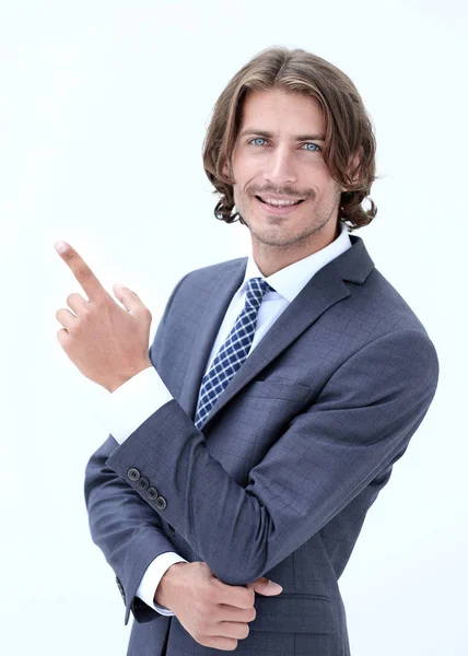 Ένας νέος και όμορφος επιχειρηματίας που δείχνει με το δάχτυλό του — Φωτογραφία Αρχείου