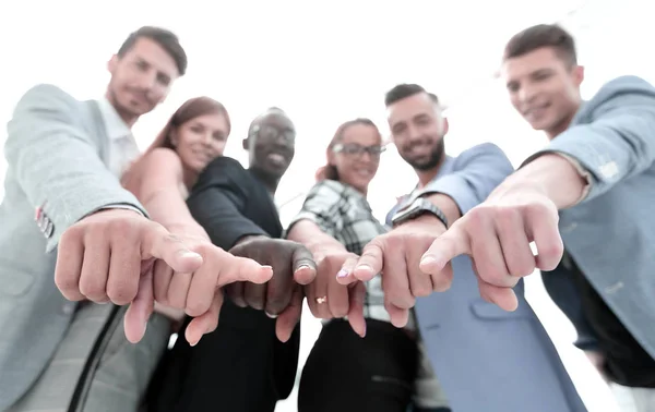 Hermosa Gente Negocios Están Sonriendo Mirando Apuntando Cámara Pie Fondo — Foto de Stock