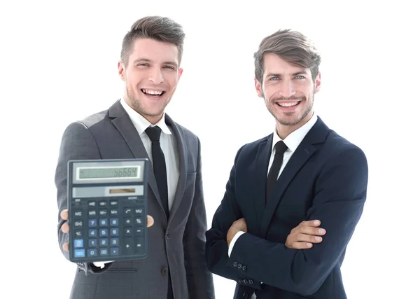 Zwei Buchhalter stehen mit einem Taschenrechner — Stockfoto