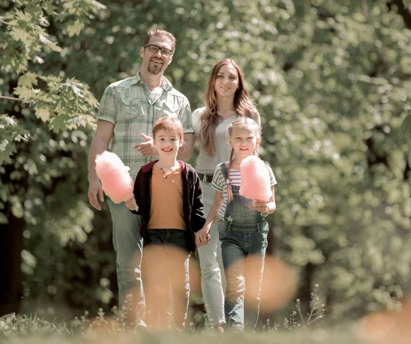 Portret van een jong gezin op de achtergrond van het Park. — Stockfoto