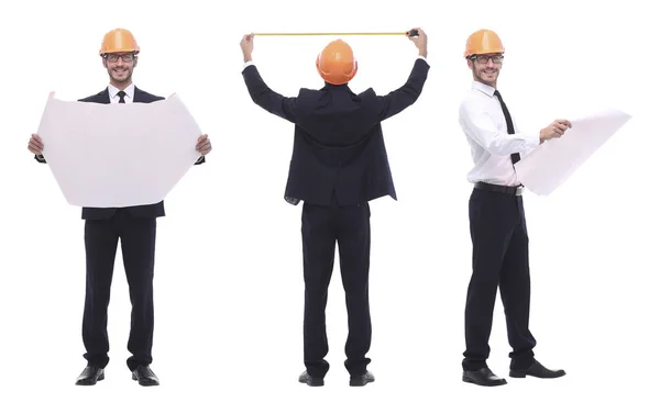 Em pleno crescimento .a arquiteto qualificado em um capacete laranja — Fotografia de Stock