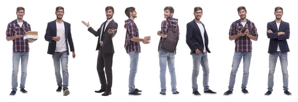 Colagem panorâmica de homem jovem auto-motivado .isolated no branco — Fotografia de Stock