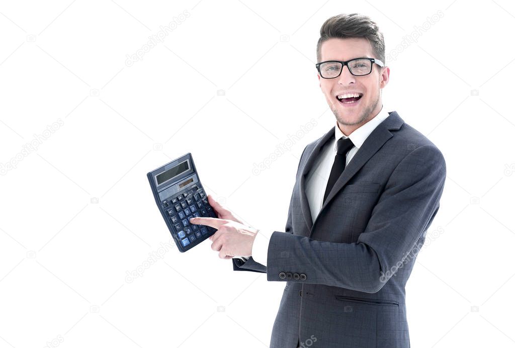 businessman holds a calculator