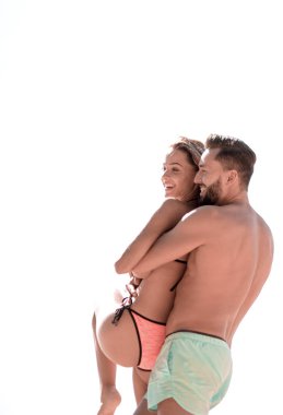 Yaz tatili, Cennet plaj üzerinde eğleniyor çift.