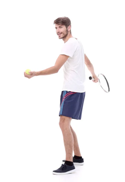 Yan view.smiling adam tenis raketi ile. — Stok fotoğraf