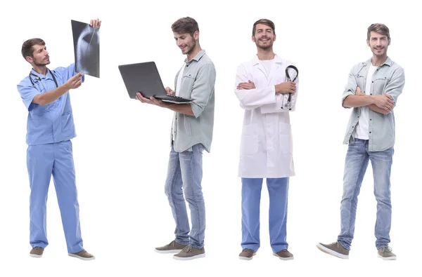 Collage médico y joven aislado en blanco — Foto de Stock