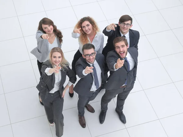 Portrait of happy business team showing thumbs up — Stock Photo, Image