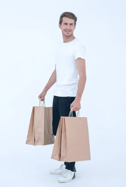 Guy satisfied carries bag — Stock Photo, Image