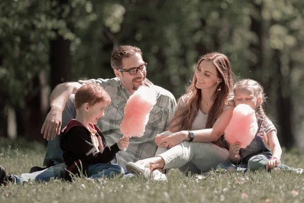 Gelukkige familie rust op het gazon in de stad Park. — Stockfoto