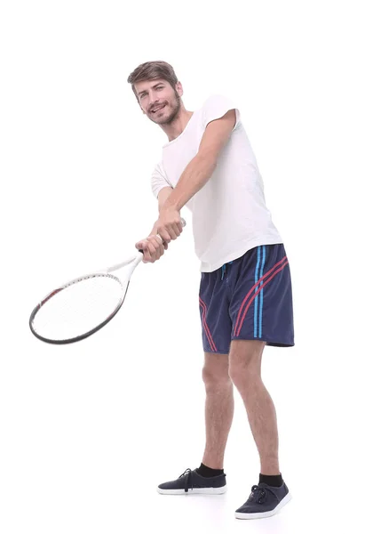 A teljes növekedés. egy fiatal ember, egy teniszütő — Stock Fotó