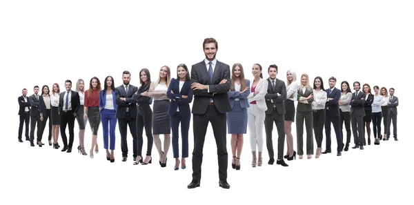 Ledare stående på bakgrund av en stor business-team — Stockfoto
