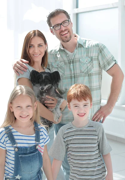 Família feliz no fundo de uma sala de estar brilhante — Fotografia de Stock