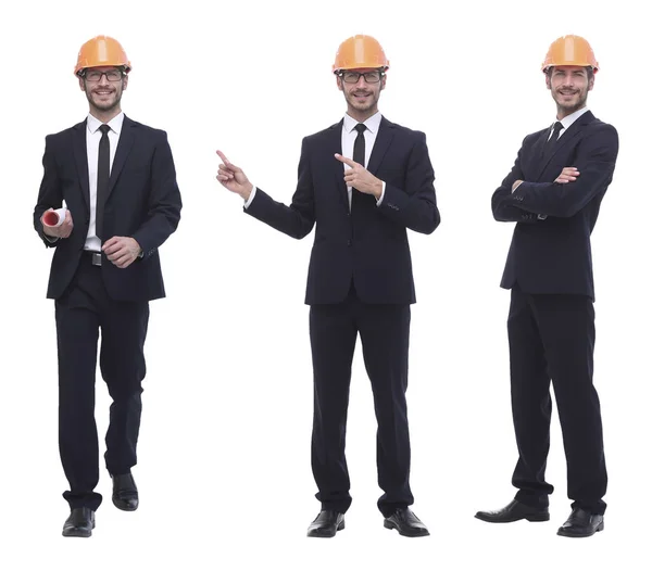 In full growth .successful architect engineer in orange helmet. — Stock Photo, Image