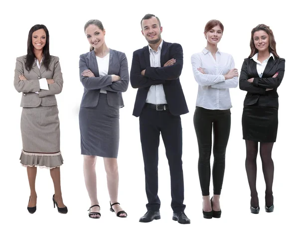 En pleno crecimiento.jefe y su equipo de negocios de pie juntos — Foto de Stock