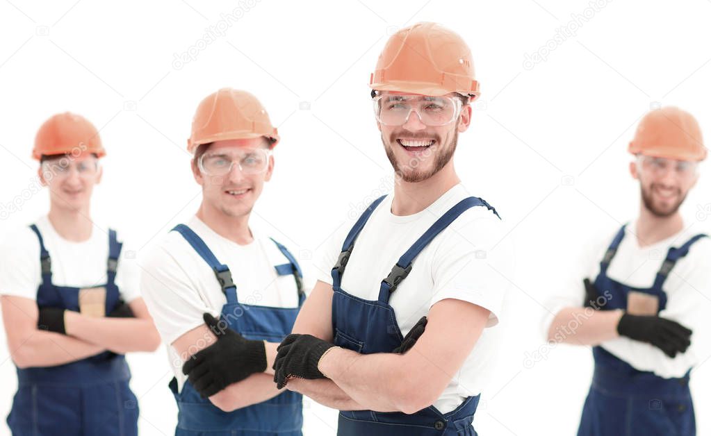 smiling team of construction workers .