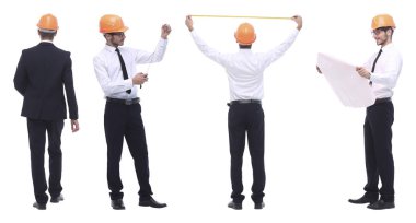 Tam gelişim içinde. Becerikli mühendis mimar beyaza izole edilmiş.