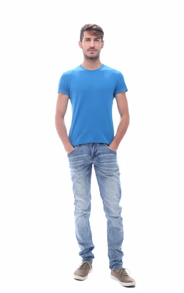 In vollem Wachstum. Selbstbewusster junger Mann in Jeans. — Stockfoto