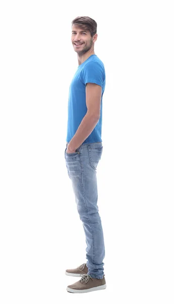 Vista laterale. giovane uomo moderno in jeans. — Foto Stock