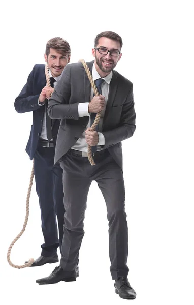 Full length . two businessmen pulling a long rope. — Stock Photo, Image