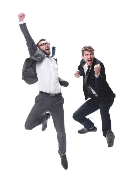 In full growth. two cheerful dancing business people — Stock Photo, Image