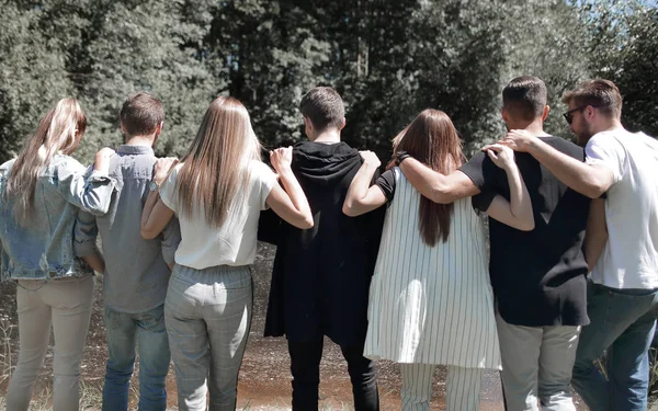 Vista trasera. un grupo de jóvenes caminando por el Parque . — Foto de Stock