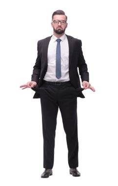 Tam gelişim. Hüsrana uğramış iş adamı ceplerini gösteriyor.