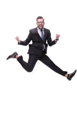 Tam gelişim. Mutlu dans eden genç iş adamı