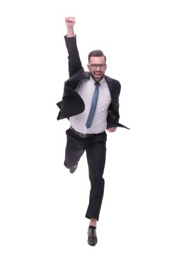 Tam gelişim. Mutlu dans eden genç iş adamı