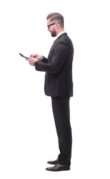 En pleno crecimiento. hombre de negocios con calculadora. aislado en blanco — Foto de Stock