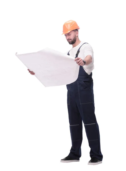 Competent foreman Builder looking at drawings. isolated on white — Stock Photo, Image