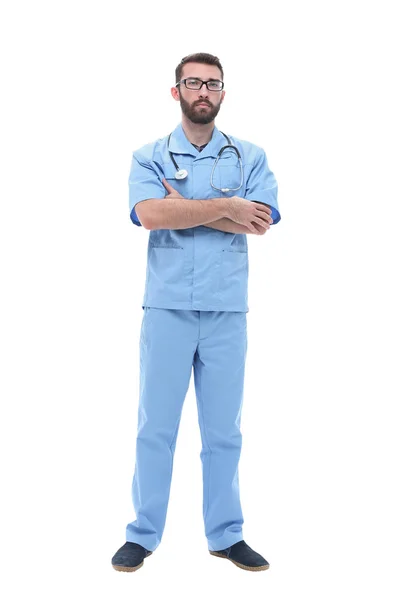 Side view. smiling male doctor looking at camera — Stock Photo, Image