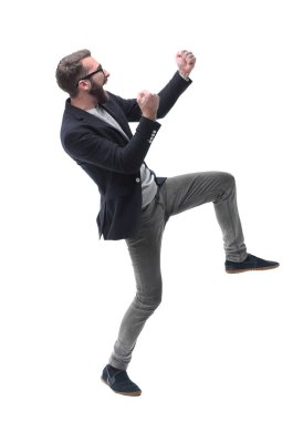 Yan görünüş. Mutlu başarılı iş adamı. beyaz üzerine izole