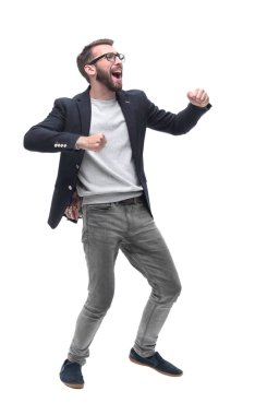 Yan görünüş. Mutlu başarılı iş adamı. beyaz üzerine izole